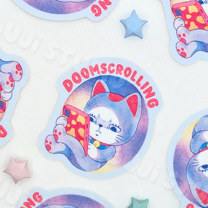 Doomscrolling Cat Die-Cut Sticker