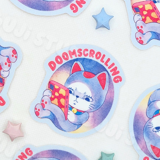 Doomscrolling Cat Die-Cut Sticker